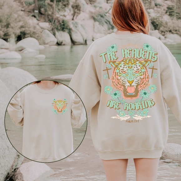 Heavens Are Roaring Psalm 19:1 Bible Tiger Christian Faith Religious Sweatshirt - Picture 7 of 16